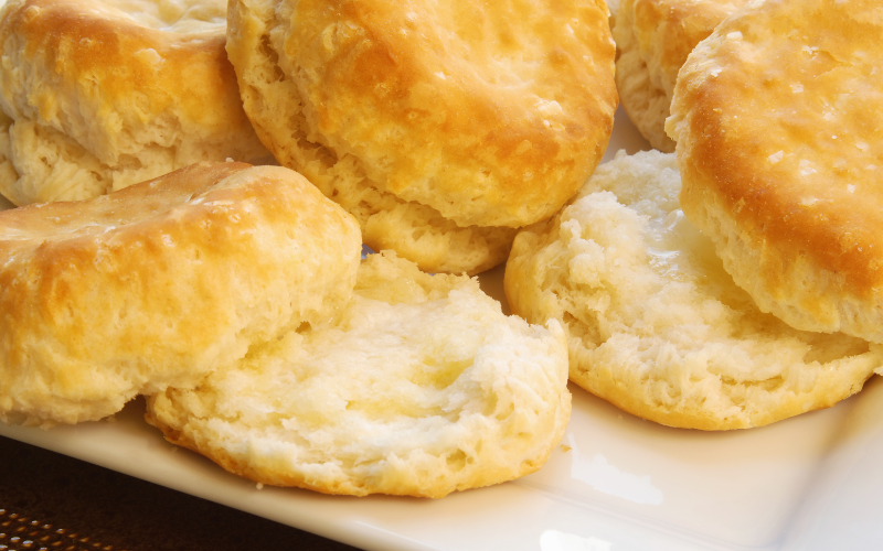 Delicious biscuits, some cut half open, made from baking powder