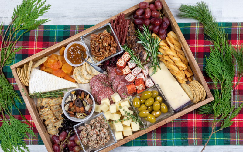 A holiday cheeseboard showcasing our options from a holiday menu