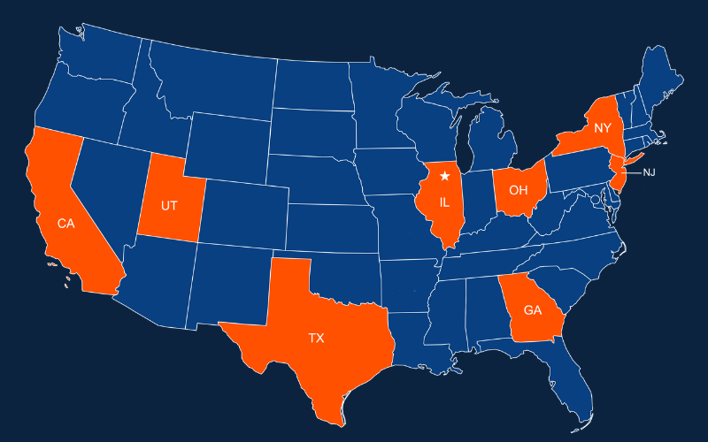 A map of the USA in blue, highlighting the states we have sales offices and distribution centers in orange